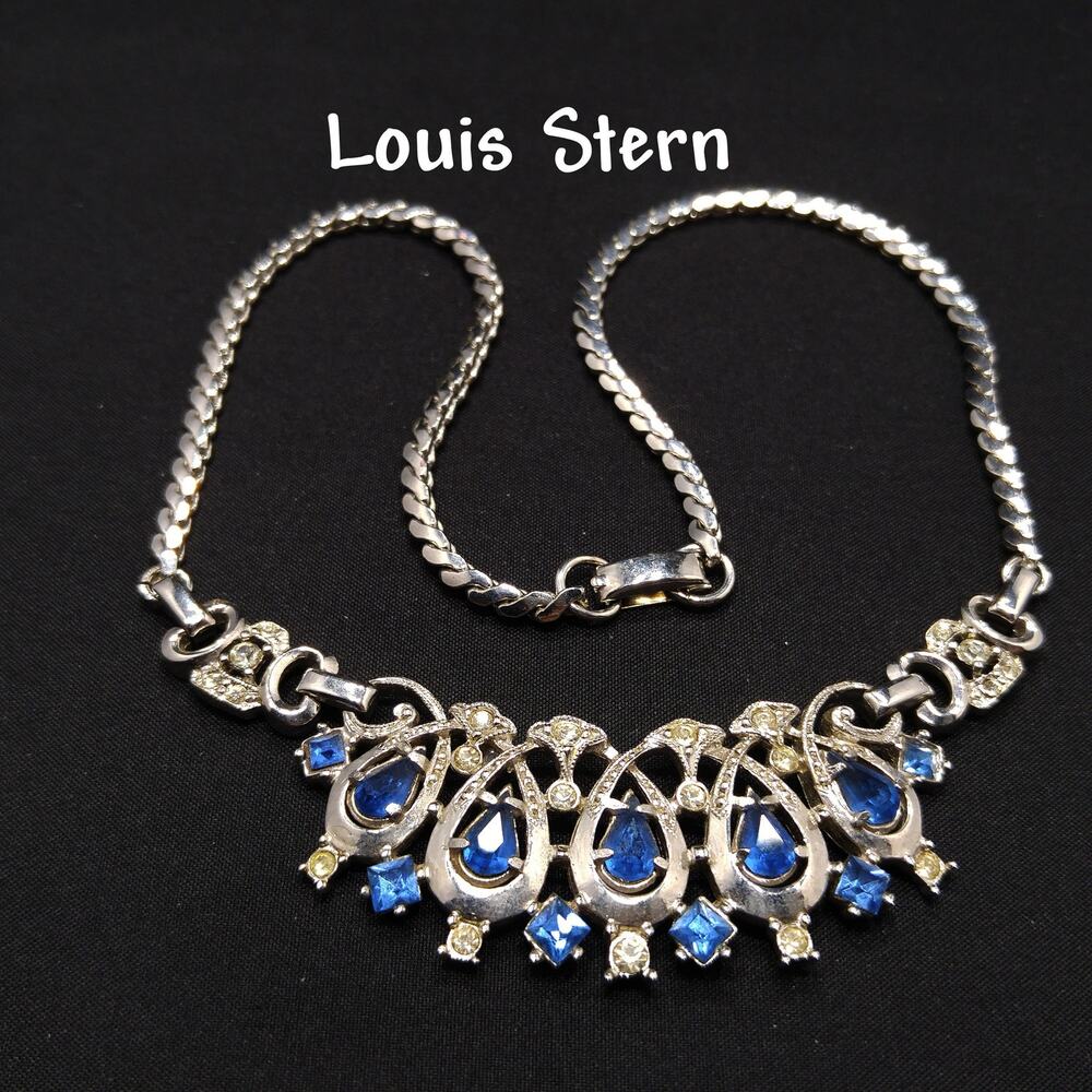 Lustern Blue Rhinestone Silver Tone Necklace, Louis Stern Gold Plated, 1940s